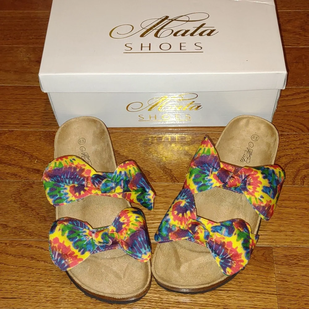 💦MATA Boardwalk👣16 Green/Yellow Double Bow Tie Died Sandals - Picture 6 of 10
